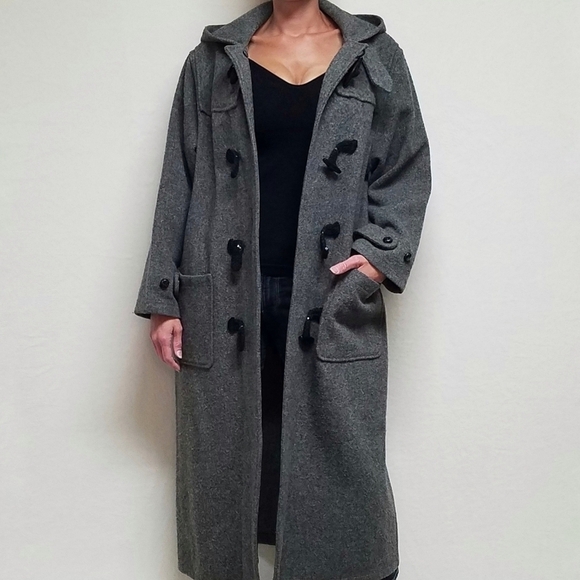 RARE Vintage 1970s Woolrich Woman Gray Wool Hooded Toggle Button Trenchcoat L - Picture 2 of 16